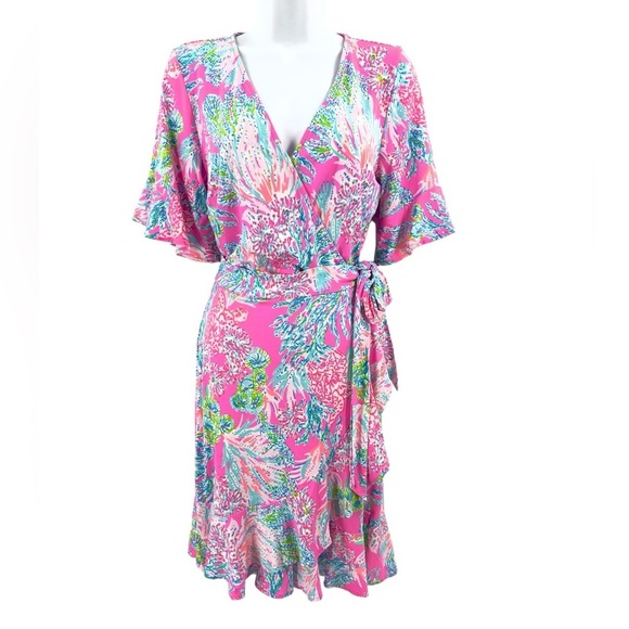 Lilly Pulitzer Isella Wrap Dress Womens Size S Prosecco Pink Seaing Things Print - Picture 13 of 13